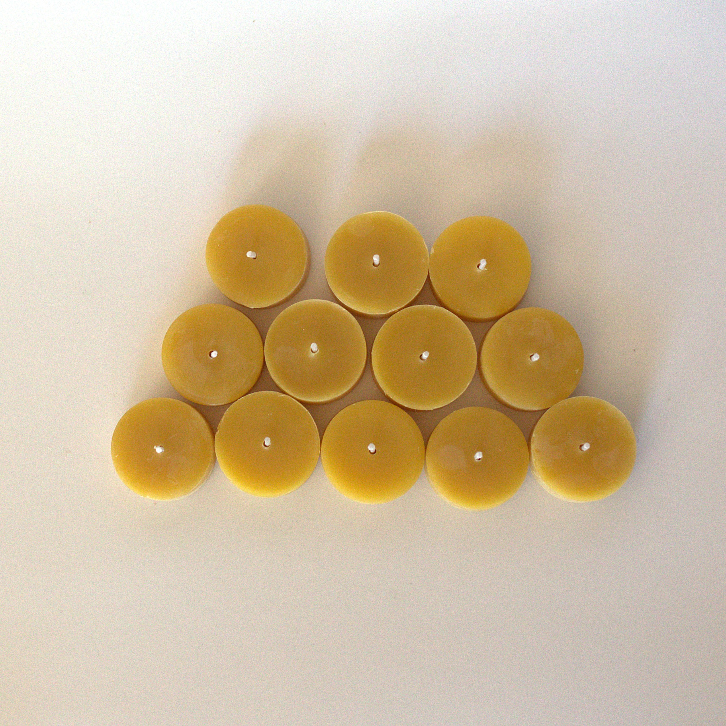 100% Beeswax Tea Lights (Cup-less), hand-dipped, natural honey aroma, Set of 12